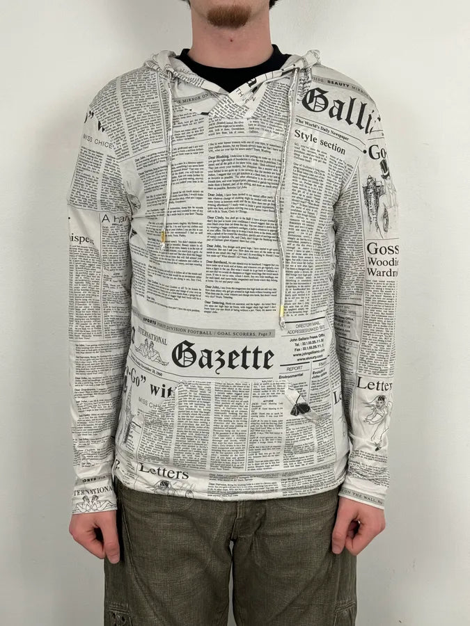 2000s John Galliano Black & White Gazette Newspaper Light Hoodie duAjFwW 1