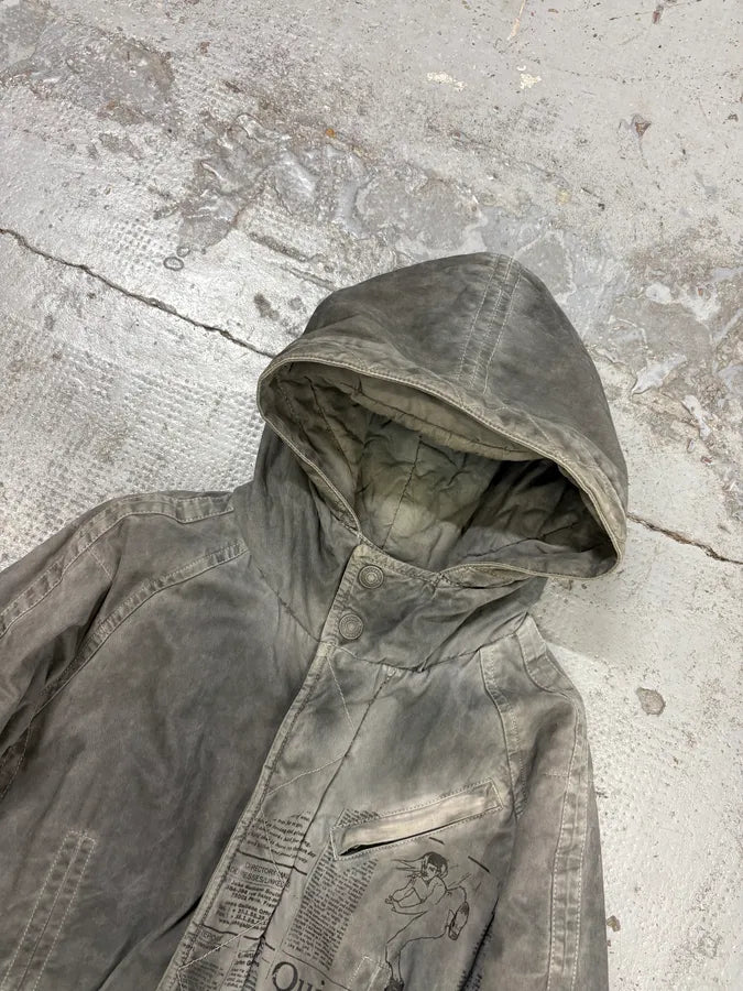2010s John Galliano Grey Cargo Newspaper Print Hooded Parka  dUiCUZK 4