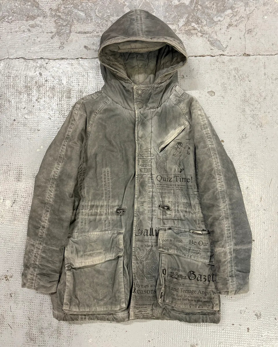 2010s John Galliano Grey Cargo Newspaper Print Hooded Parka  dUiCUZK 0