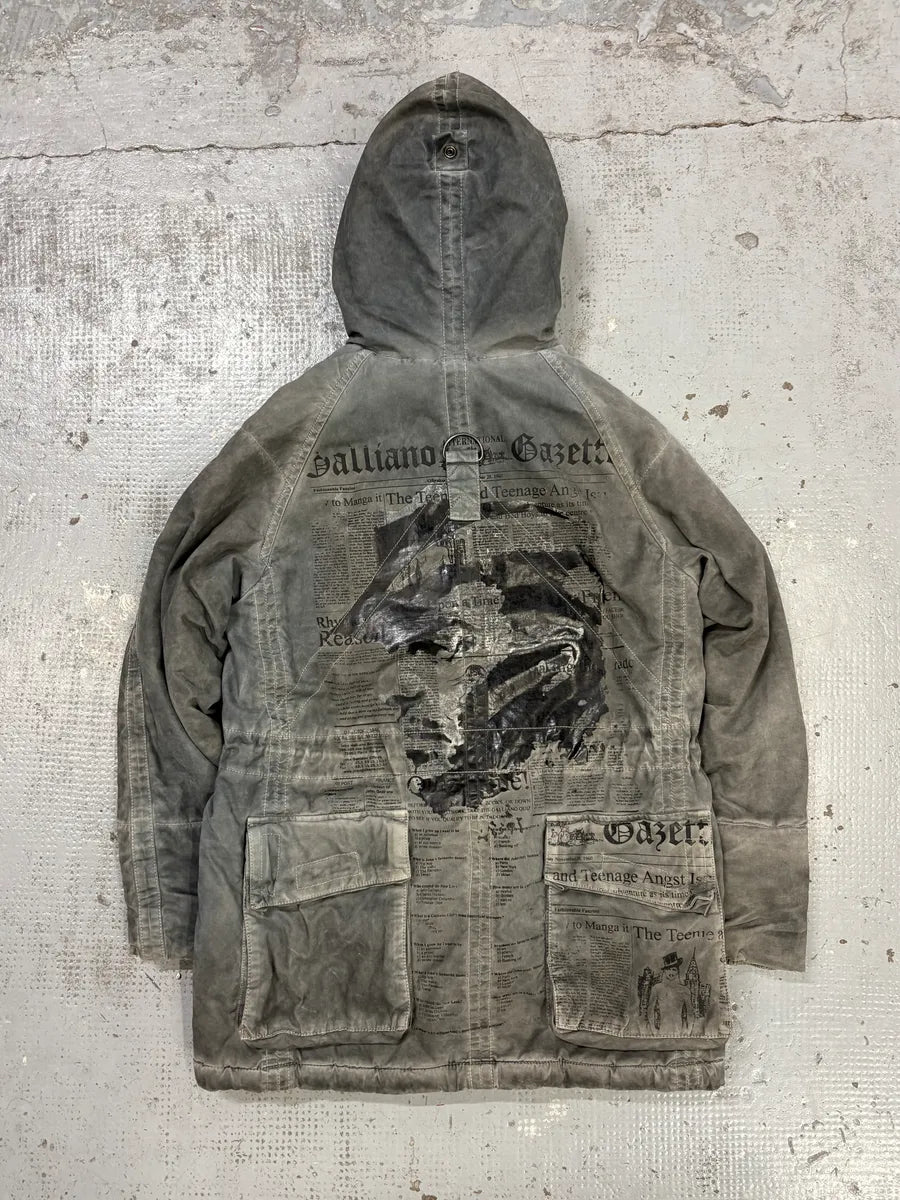 2010s John Galliano Grey Cargo Newspaper Print Hooded Parka  dUiCUZK 1