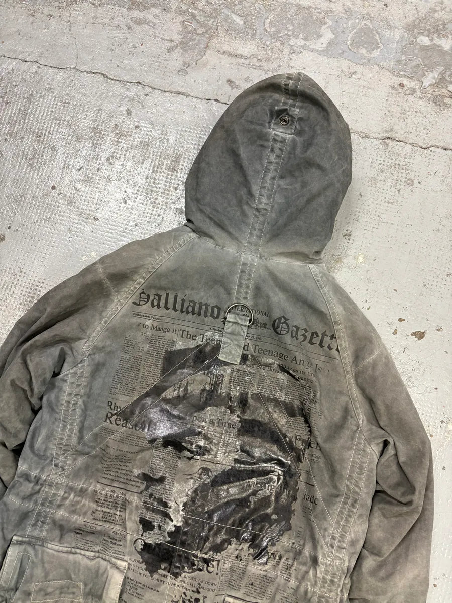 2010s John Galliano Grey Cargo Newspaper Print Hooded Parka  dUiCUZK 5