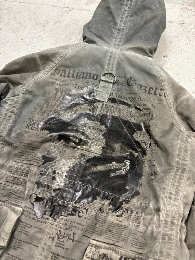 2010s John Galliano Grey Cargo Newspaper Print Hooded Parka  dUiCUZK 6