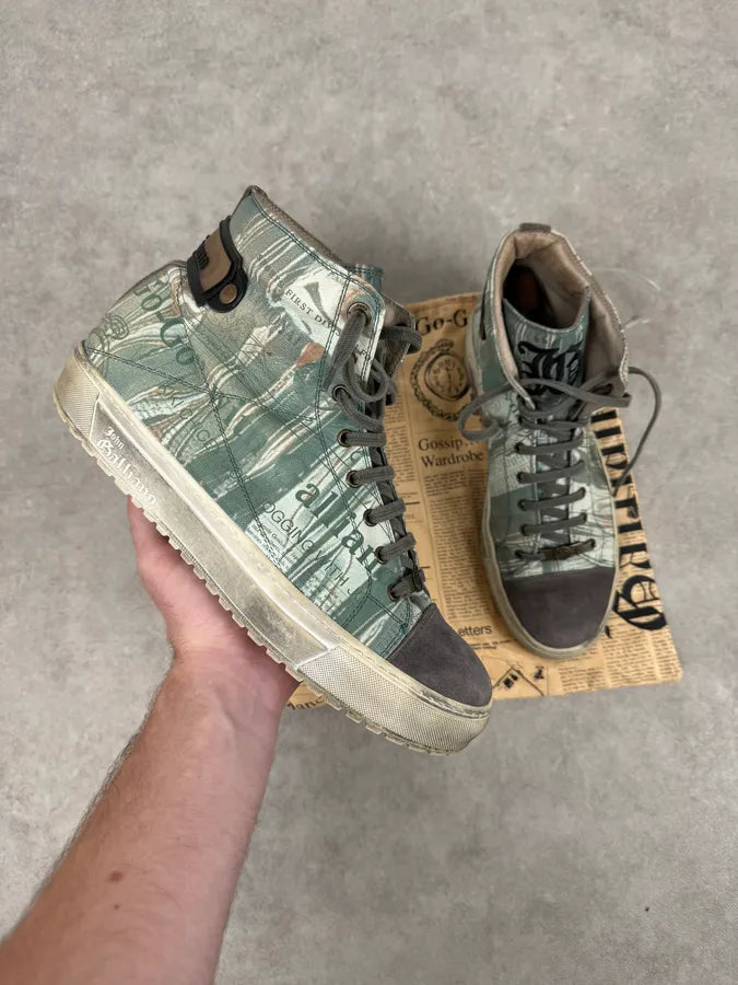2000s John Galliano Mint Newspaper Print High-Top Sneakers PFfzyLX 0