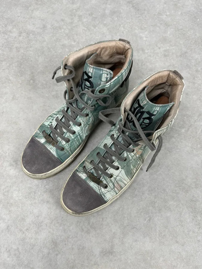2000s John Galliano Mint Newspaper Print High-Top Sneakers PFfzyLX 5