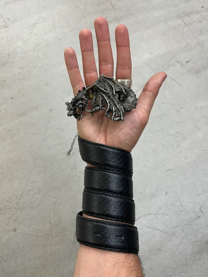 2000s John Richmond Dragon Buckle Black Python Embossed Leather Belt KIqMBTL 1