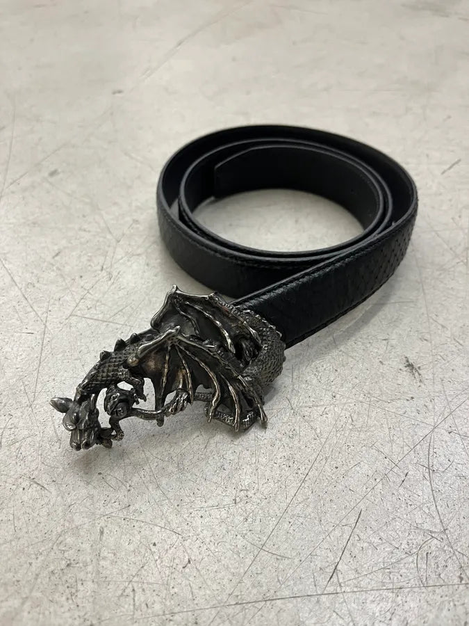 2000s John Richmond Dragon Buckle Black Python Embossed Leather Belt KIqMBTL 2