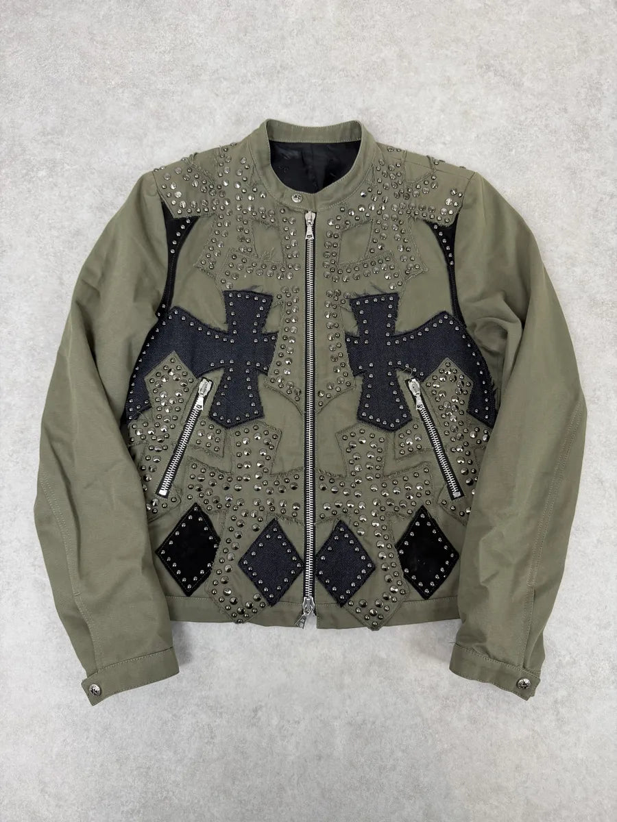 2000s John Richmond Olive Green Studded Embellished Cross Jacket wsOExjV 0