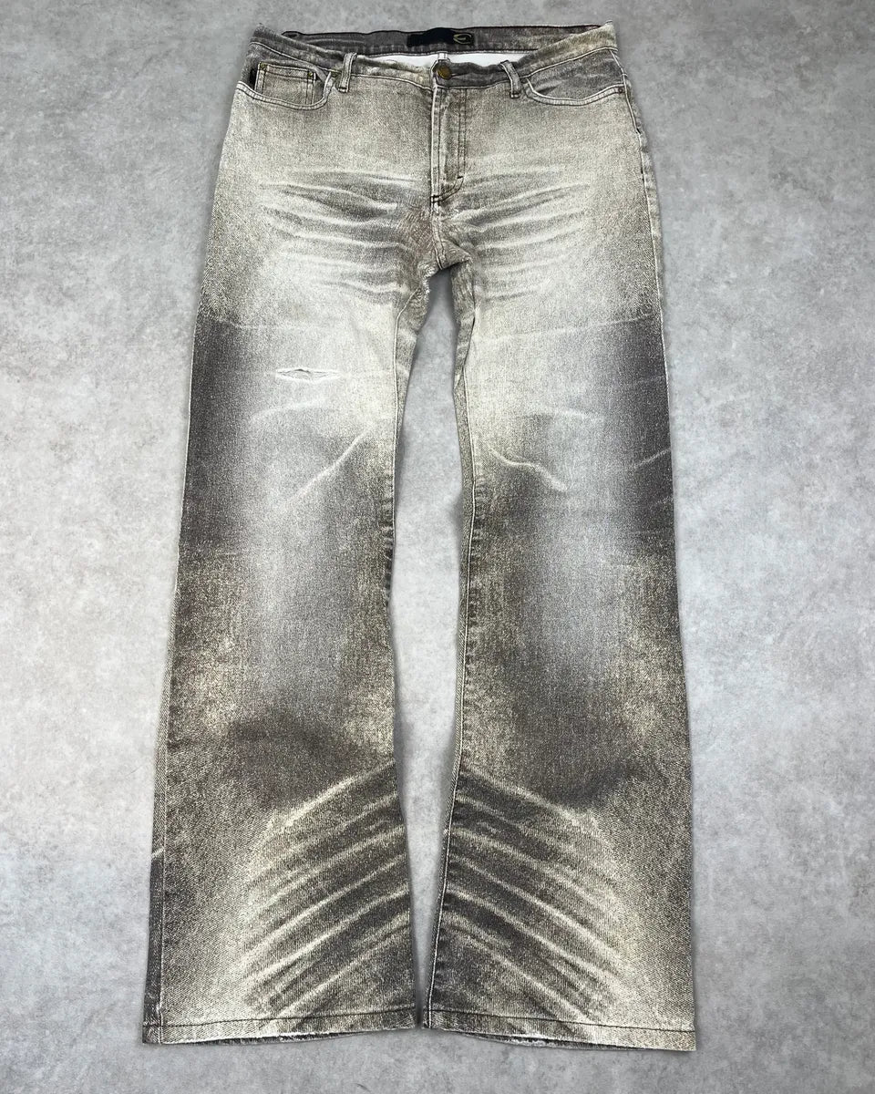 2000s Cavalli Beige & Grey Faded Overprint Bootcut Pants QitIgNh 0