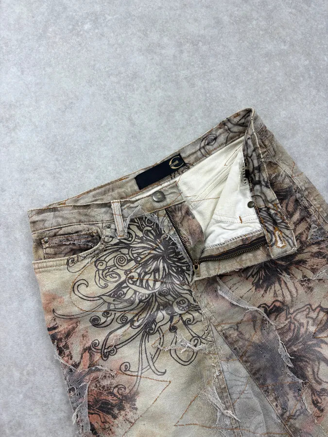 2000s Cavalli Beige Distressed Floral Denim Skirt XJFayex 7