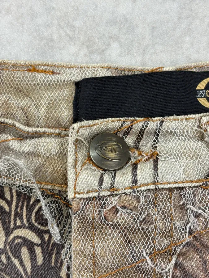 2000s Cavalli Beige Distressed Floral Denim Skirt XJFayex 8