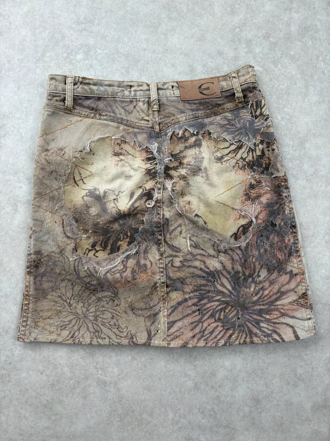 2000s Cavalli Beige Distressed Floral Denim Skirt XJFayex 6