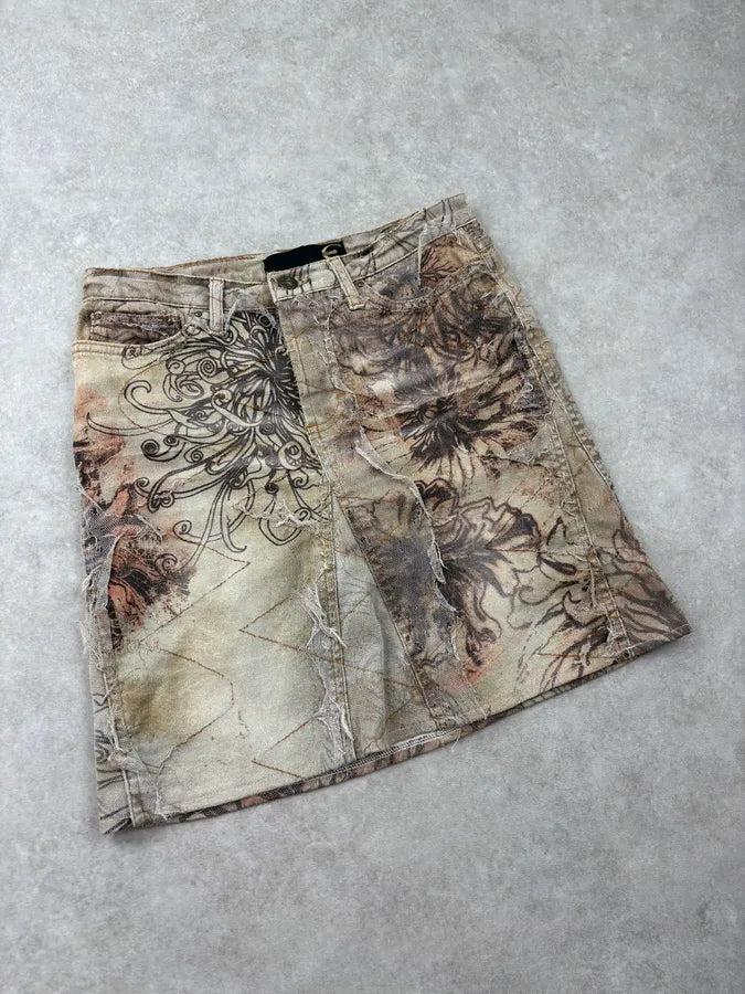 2000s Cavalli Beige Distressed Floral Denim Skirt XJFayex 4