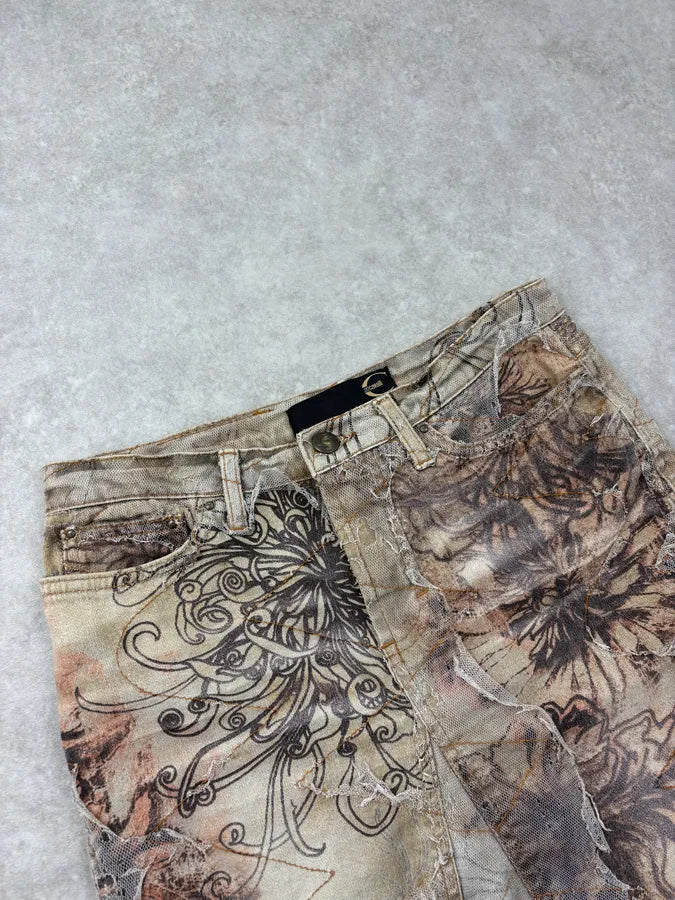 2000s Cavalli Beige Distressed Floral Denim Skirt XJFayex 5