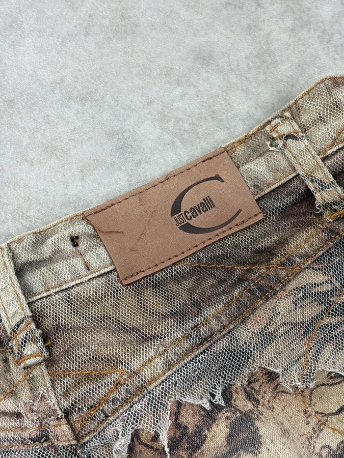 2000s Cavalli Beige Distressed Floral Denim Skirt XJFayex 9