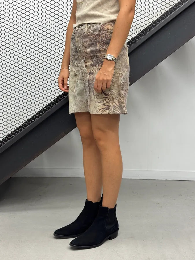 2000s Cavalli Beige Distressed Floral Denim Skirt XJFayex 2