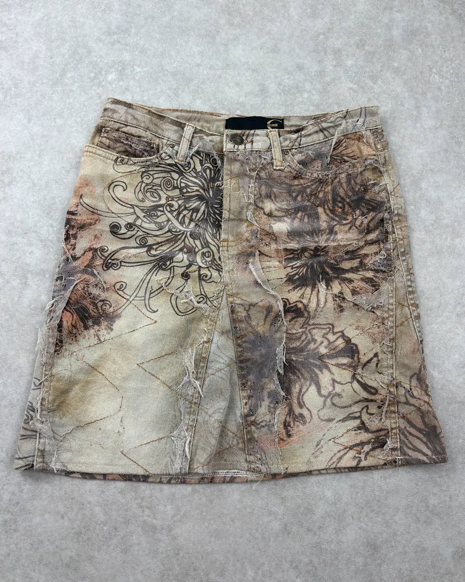 2000s Cavalli Beige Distressed Floral Denim Skirt XJFayex 0