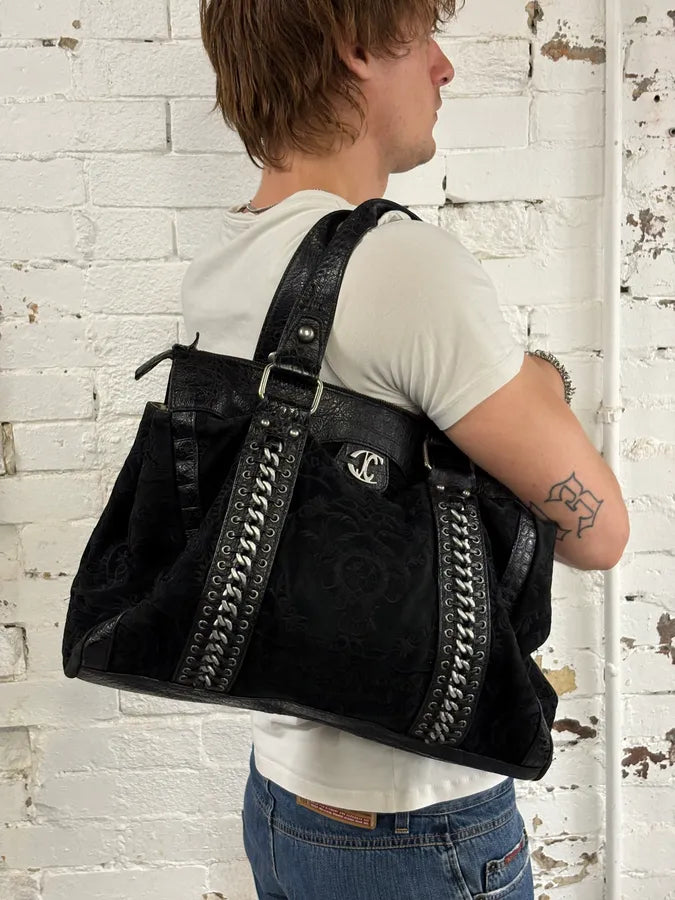 2000s Cavalli Black Leather Embroidered Chain Handle Bag cNbSPkC 2