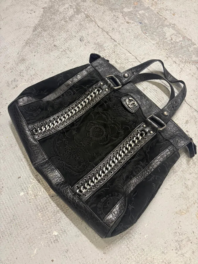 2000s Cavalli Black Leather Embroidered Chain Handle Bag cNbSPkC 3
