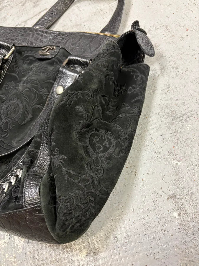 2000s Cavalli Black Leather Embroidered Chain Handle Bag cNbSPkC 4