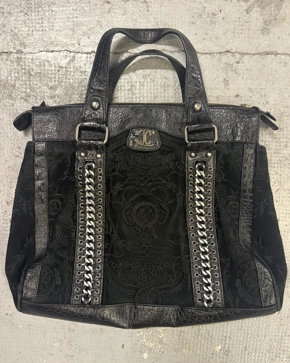2000s Cavalli Black Leather Embroidered Chain Handle Bag cNbSPkC 0