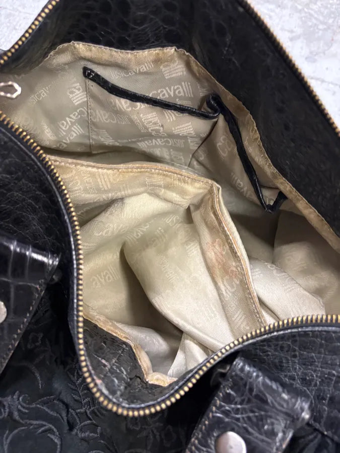2000s Cavalli Black Leather Embroidered Chain Handle Bag cNbSPkC 11