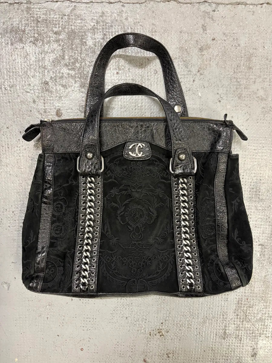 2000s Cavalli Black Leather Embroidered Chain Handle Bag cNbSPkC 5