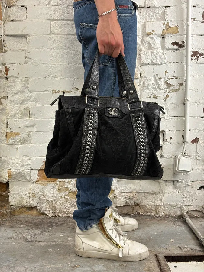 2000s Cavalli Black Leather Embroidered Chain Handle Bag cNbSPkC 1