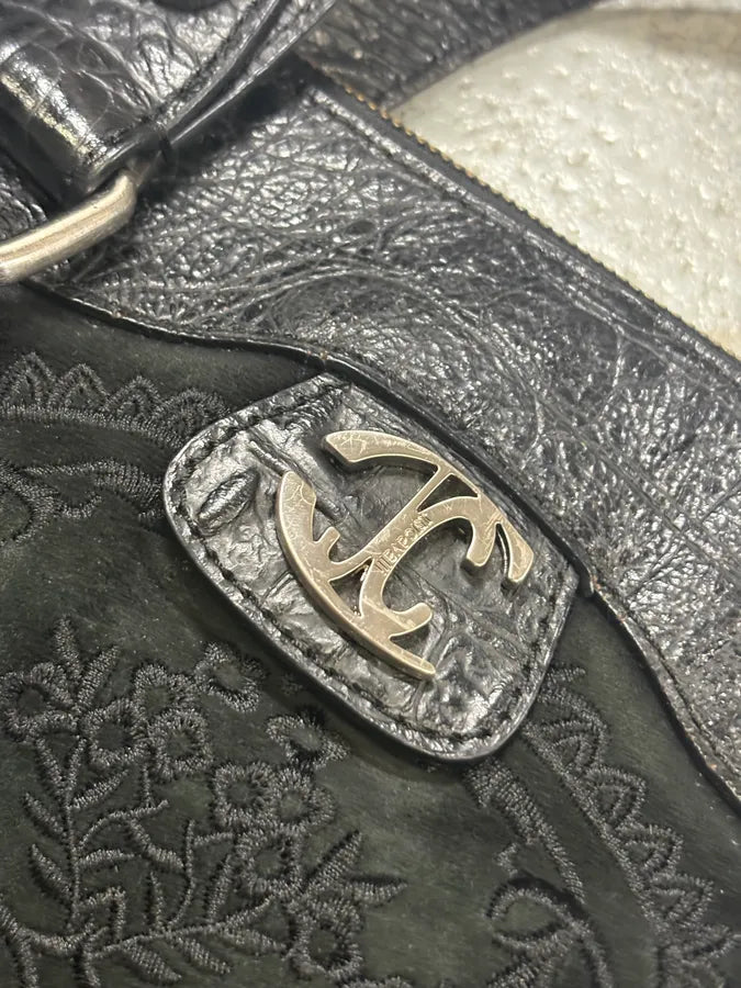 2000s Cavalli Black Leather Embroidered Chain Handle Bag cNbSPkC 7