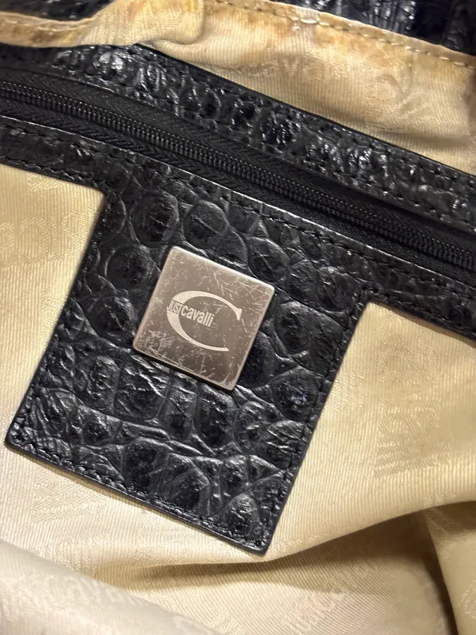 2000s Cavalli Black Leather Embroidered Chain Handle Bag cNbSPkC 9