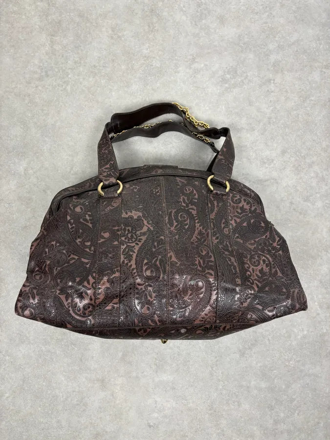 AW2007 Cavalli Paisley Embossed Brown Leather Handle Bag zUXncrw 5