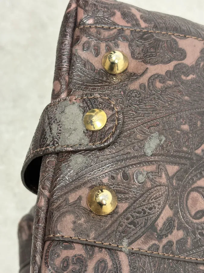 AW2007 Cavalli Paisley Embossed Brown Leather Handle Bag zUXncrw 14
