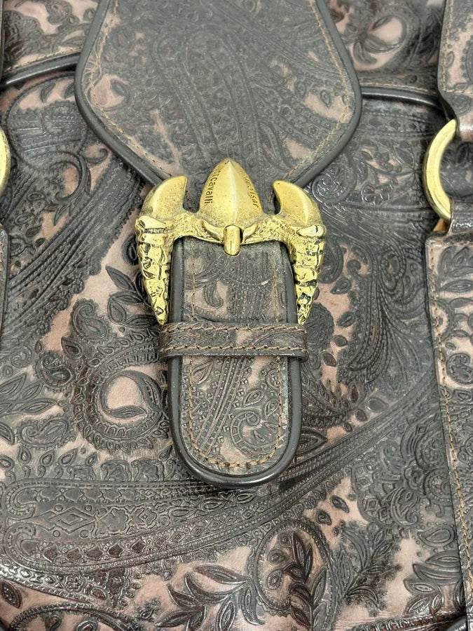 AW2007 Cavalli Paisley Embossed Brown Leather Handle Bag zUXncrw 8