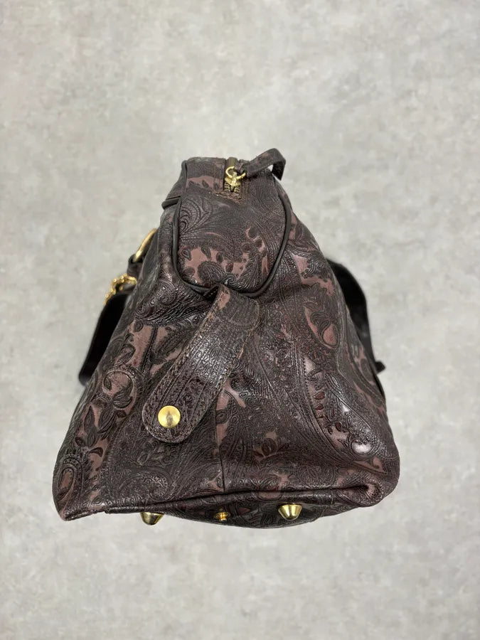 AW2007 Cavalli Paisley Embossed Brown Leather Handle Bag zUXncrw 7