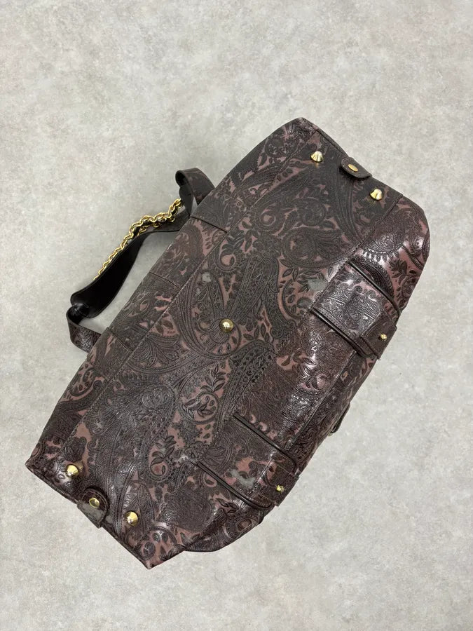 AW2007 Cavalli Paisley Embossed Brown Leather Handle Bag zUXncrw 6
