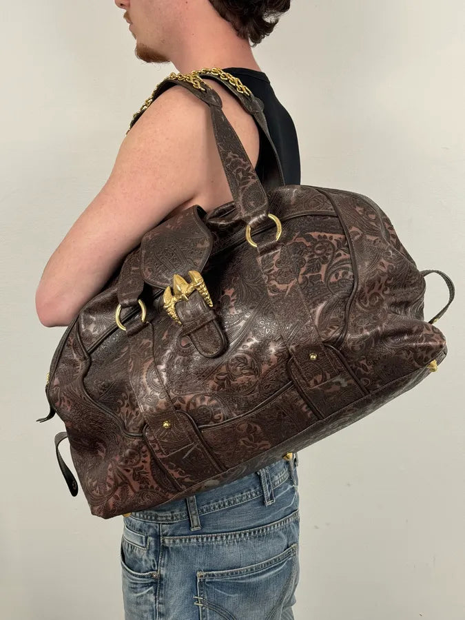 AW2007 Cavalli Paisley Embossed Brown Leather Handle Bag zUXncrw 2
