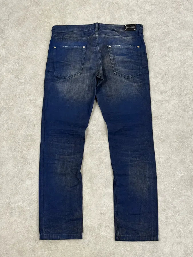 FW2014 Cavalli Blue Two Tone Slim Denim Jeans yhgWbTK 4