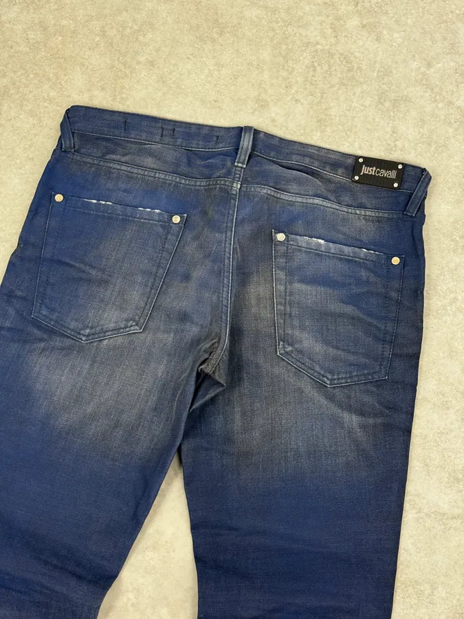 FW2014 Cavalli Blue Two Tone Slim Denim Jeans yhgWbTK 6