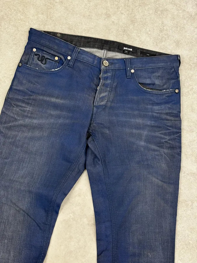FW2014 Cavalli Blue Two Tone Slim Denim Jeans yhgWbTK 5