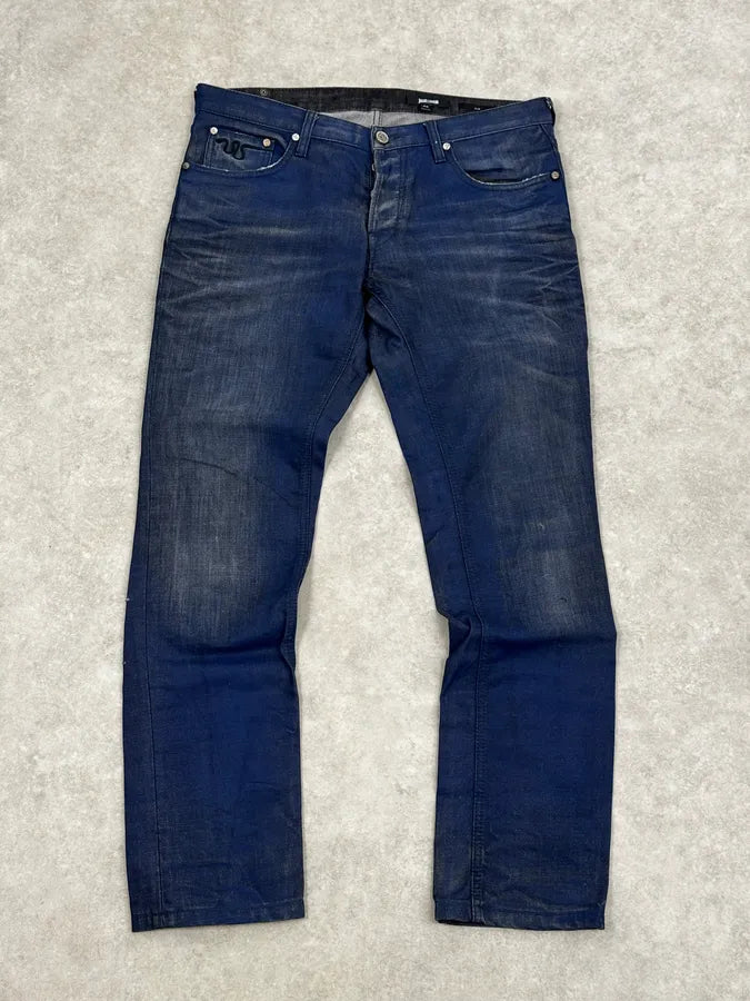 FW2014 Cavalli Blue Two Tone Slim Denim Jeans yhgWbTK 0