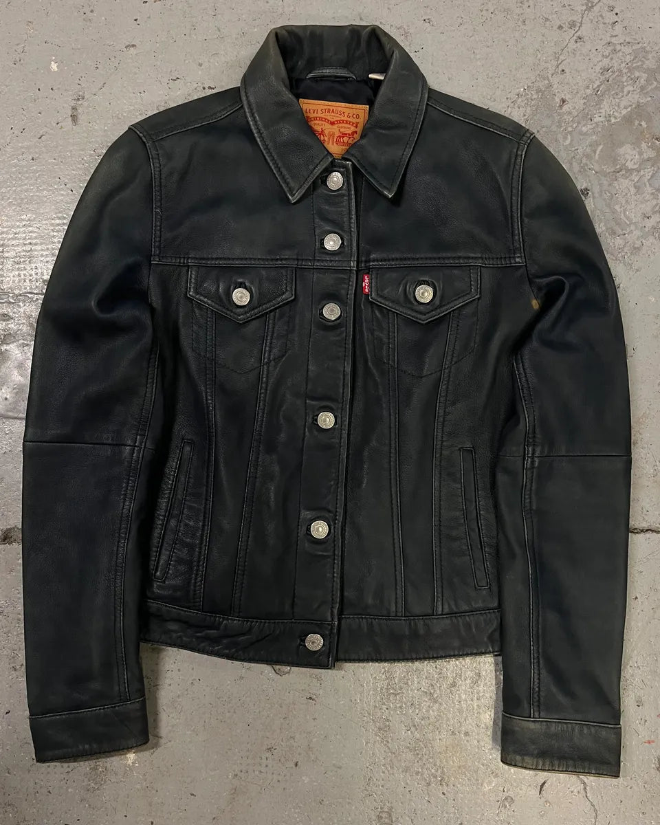 2000s Levis Black Leather Trucker Jacket (S) wKUauir 0