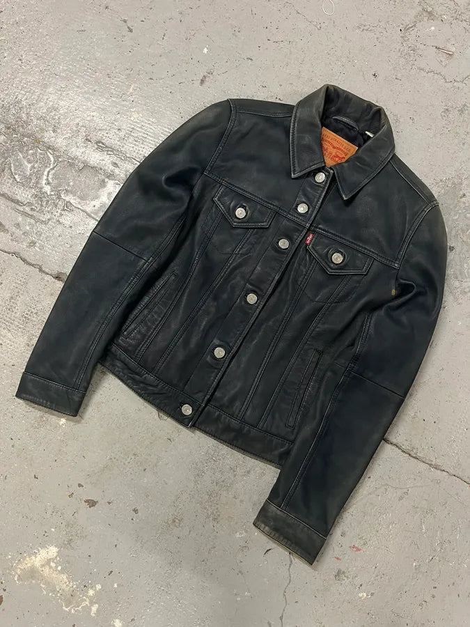 2000s Levis Black Leather Trucker Jacket (S) wKUauir 3