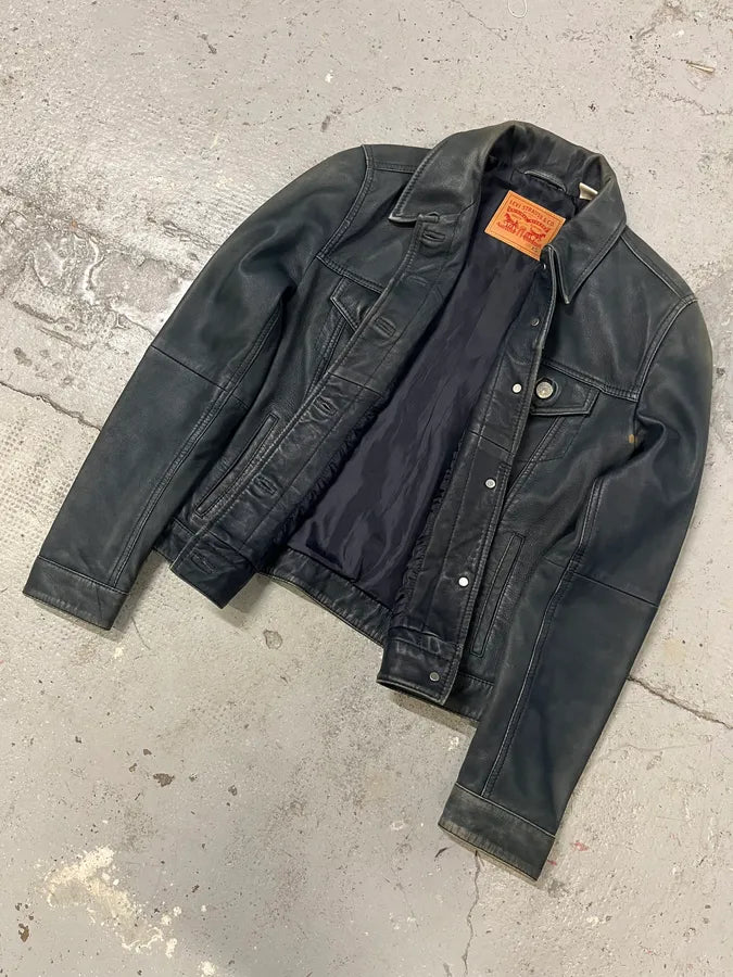 2000s Levis Black Leather Trucker Jacket (S) wKUauir 4