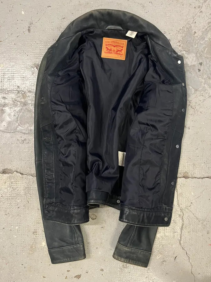 2000s Levis Black Leather Trucker Jacket (S) wKUauir 5