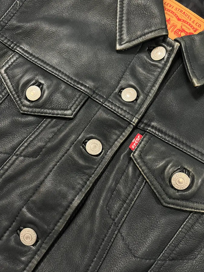 2000s Levis Black Leather Trucker Jacket (S) wKUauir 7