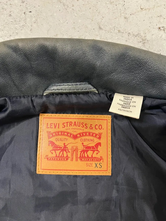 2000s Levis Black Leather Trucker Jacket (S) wKUauir 8