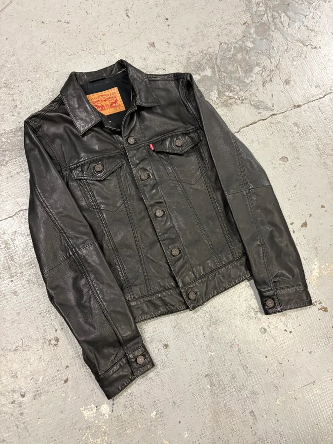 2000s Levis Black Leather Trucker Jacket epaILAK 4