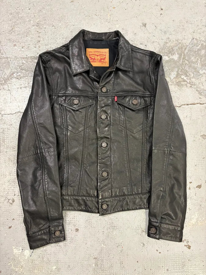2000s Levis Black Leather Trucker Jacket epaILAK 0