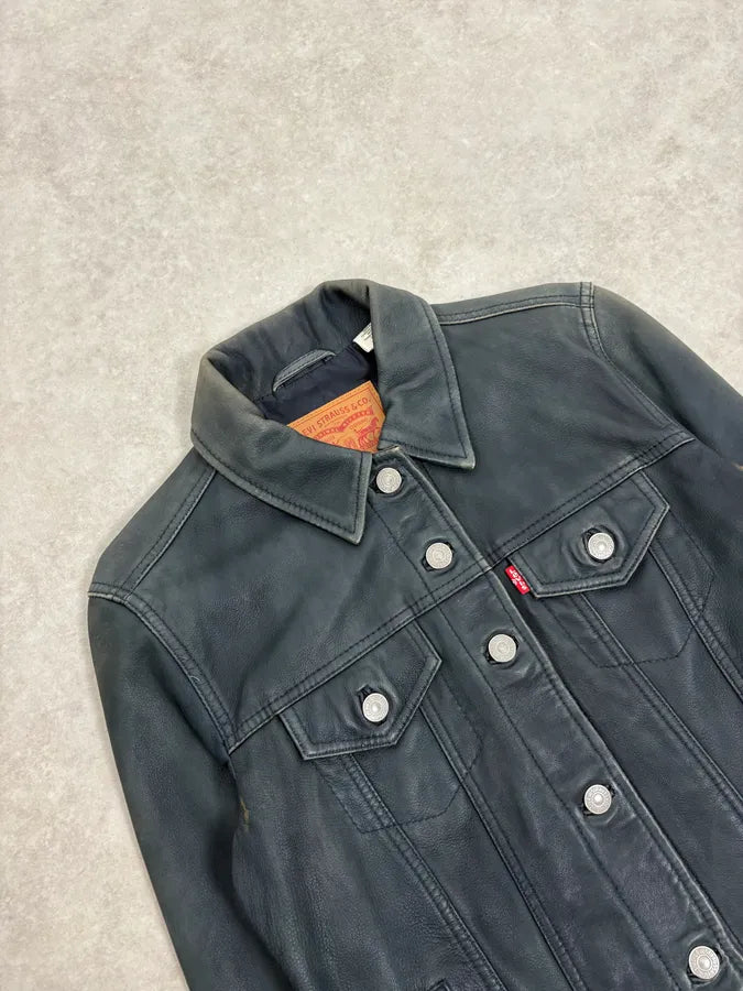 2000s Levis Black Leather Trucket Jacket  XWZrLWP 4