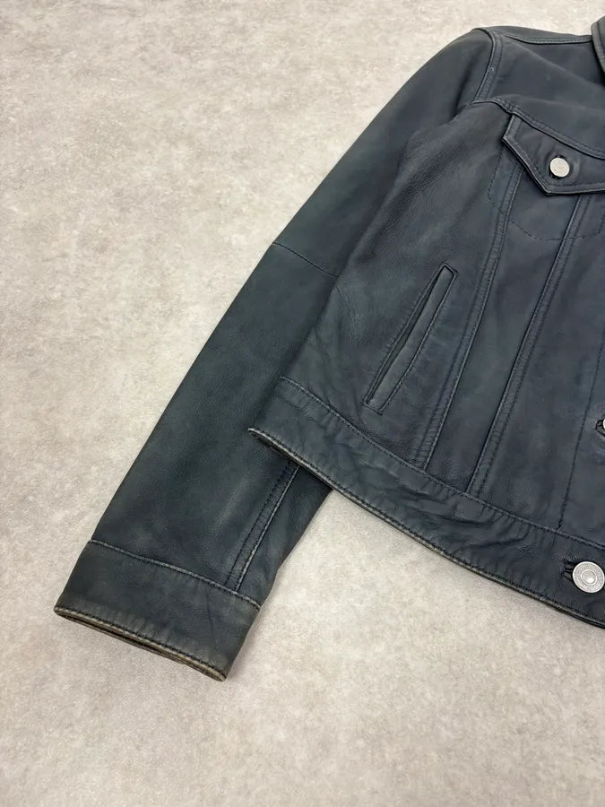 2000s Levis Black Leather Trucket Jacket  XWZrLWP 7