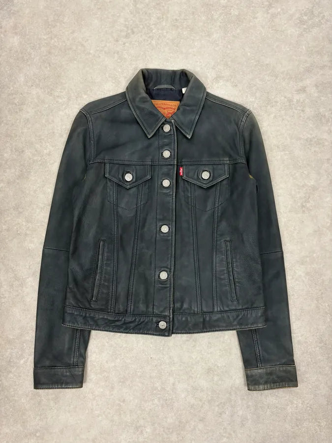 2000s Levis Black Leather Trucket Jacket  XWZrLWP 0